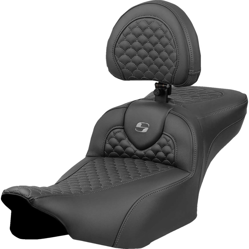 SADDLEMEN Roadsofa* Extended Reach Seat – Dragon Scale Stitch – Dark Gray Stitch – w/ Backrest – FL ’23-’24 823-07-209B2