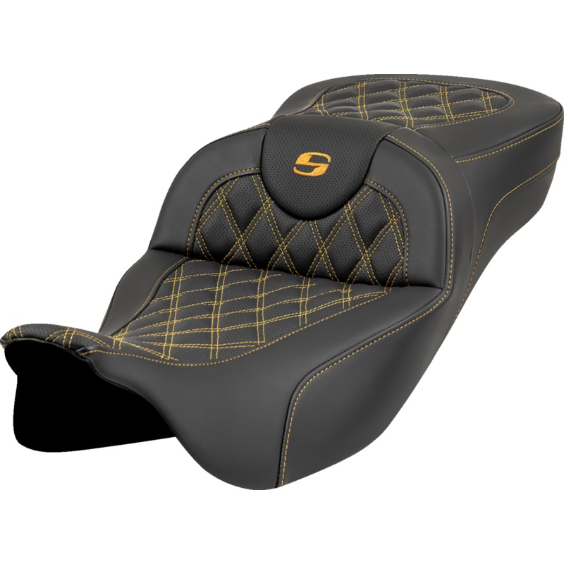 SADDLEMEN Roadsofa* Extended Reach Seat – Lattice Stitch – Gold Stitch – without Backrest – FL ’08-’23 808-07B-18407