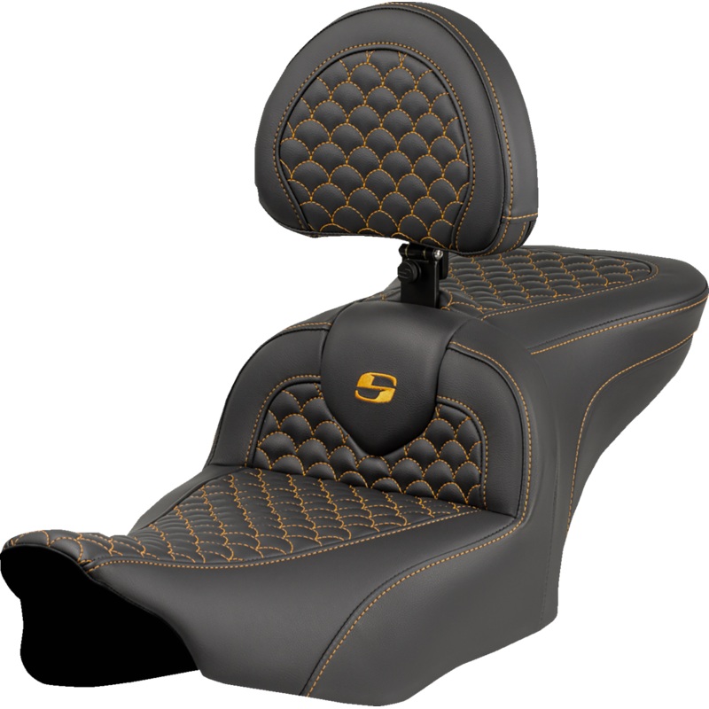 SADDLEMEN Roadsofa* Seat – Dragon Scale Stitch – Gold Stitch – w/ Backrest – FLTR/FLHX ’23-’24 823-07-208B7