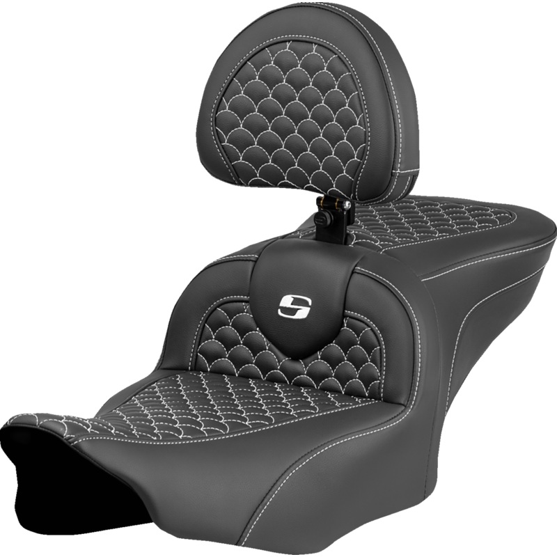 SADDLEMEN Roadsofa* Seat – Dragon Scale Stitch – White Stitch – w/ Backrest – FLTR/FLHX ’23-’24 823-07-208B6